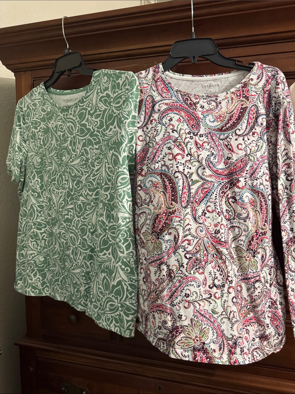 Talbots Sage Green Floral Tee & White Paisley Long Sleeve Top